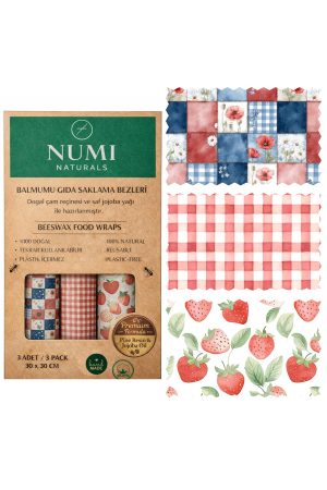 Balmumu Gıda Saklama Bezleri – Premium 3’lü Set (30×30 cm) - Strawberry Cottage Serisi