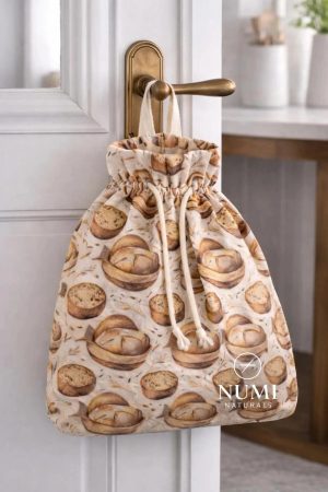 %100 Pamuk Kumaş Büzgülü Ekmek Saklama Torbası - 35*40 cm