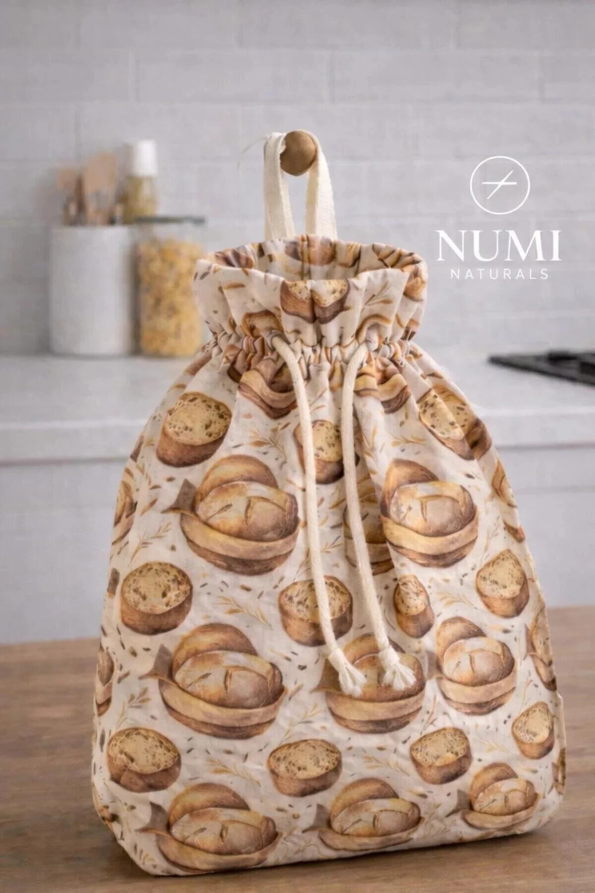 %100 Pamuk Kumaş Büzgülü Ekmek Saklama Torbası - 35*40 cm - Görsel 2