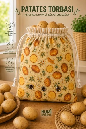 Nefes Alan Patates Saklama Torbası – %100 Pamuklu Büzgülü Patates Depolama Çantası 35x35 cm