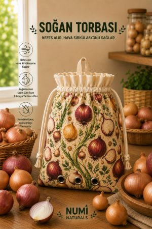 Nefes Alan Soğan Saklama Torbası – Hava Sirkülasyonlu Bez Soğan Depolama Çantası 35x35cm | Uzun Süre Taze Saklama